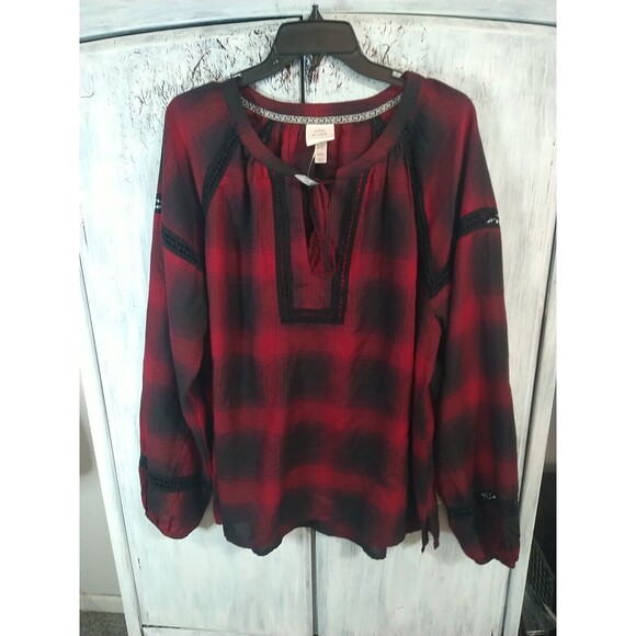 Knox Rose Boho Plaid Tassel Red & Black Top XXL Plus - Picture 1 of 9